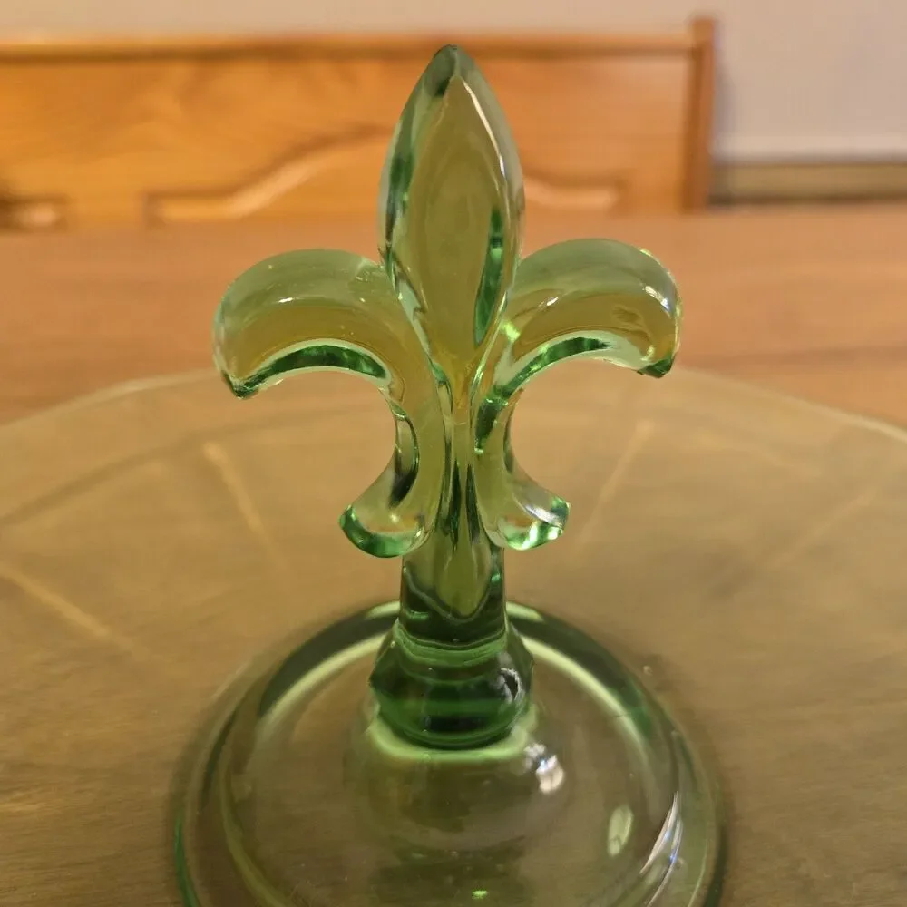 Vintage Fostoria Green Uranium Glass Serving Tray W/ Fleur De Lis Handle